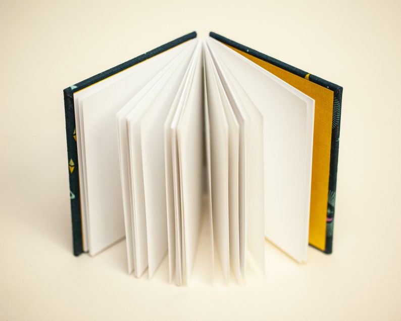 Puede incluir: Un cuaderno abierto con p&aacute;ginas blancas en blanco. La cubierta es de color verde azulado oscuro con un patr&oacute;n repetido de peque&ntilde;as formas amarillas y verde azulado. La cubierta interior es de color amarillo brillante y las p&aacute;ginas son blancas y n&iacute;tidas.