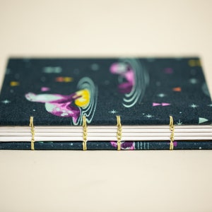 Puede incluir: Un diario hecho a mano con una cubierta azul oscuro con un patr&oacute;n de tem&aacute;tica espacial con planetas y estrellas. Las p&aacute;ginas est&aacute;n encuadernadas con hilo dorado. El diario es rectangular y parece nuevo.