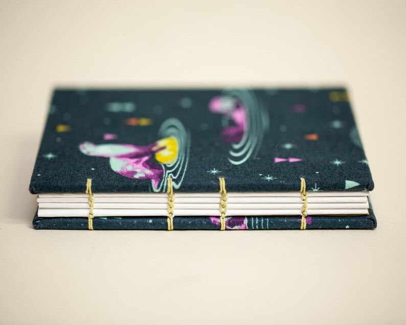 Puede incluir: Un diario hecho a mano con una cubierta azul oscuro con un patr&oacute;n de tem&aacute;tica espacial con planetas y estrellas. Las p&aacute;ginas est&aacute;n encuadernadas con hilo dorado. El diario es rectangular y parece nuevo.