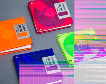 Floppy Disk Notebook, Retro Neon Handbound Book, Geek Gift