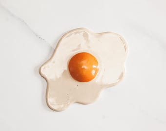 Sunny Side Up Ceramic Sculpture or Wall Art, Fried Egg Stick Home Decor, Decorative Food Decor, Novelty Food Art, Gifts for Foodies