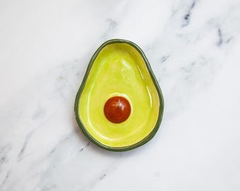 Avocado Jewelry Dish, Ceramic Hand Painted Trinket Tray