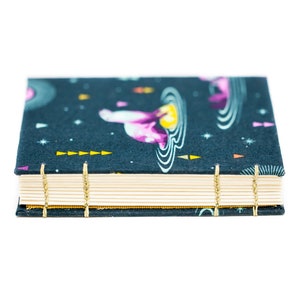 Puede incluir: Un peque&ntilde;o cuaderno rectangular con una cubierta azul oscuro que presenta un patr&oacute;n de tem&aacute;tica espacial con planetas y estrellas. Las p&aacute;ginas son de color crema y la encuadernaci&oacute;n est&aacute; asegurada con hilo dorado.