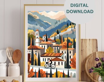 Attraversiamo Pirntable Wall Art. Italian Landscape Digital Print.Minimalistic Printable. Timeless Beauty of Italy. Girl with Bicycle Print