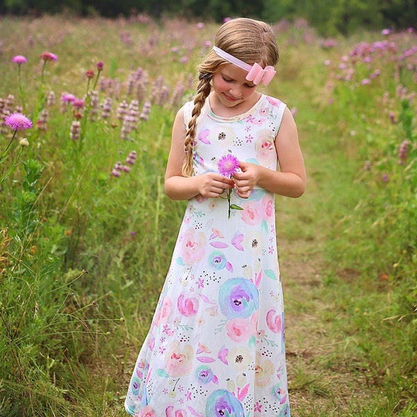 Girls Pastel Flowers Maxi Dress - Maxi Dress - Flower Maxi Dress - Girls Dress -Back to School Dress - Pink and Blue Maxi Dress, Sleeveless