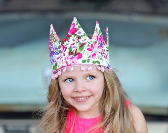 Dress Up Crown - Sequin Crown - Birthday Crown - Hot Pink and Purple Floral Pom Pom Crown Reverse Hot Pink Polka Dots - Fits all