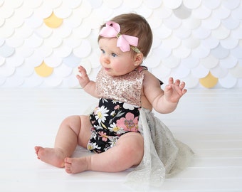 Romper - Tulle skirted, Skirted, Sequin Top Romper - Sequin Romper - Birthday Romper - Photoshoot - Rose Gold and Black Flower Romper