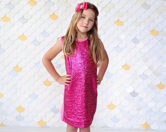 Girls Sequin Hot Pink Tunic Dress- Hot Pink Sequin Tunic, Sequin Shift Dress, Birthday Dress, Party Dress, Sequin Tank Dress, Hot Pink Dress