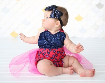 Romper - Tulle skirted, Skirted, Sequin Top Romper - Sequin Romper - Princess - Birthday Romper - Photoshoot - Hot Pink, Navy Flower Romper