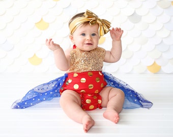 Romper - Tulle skirted, Skirted, Sequin Top Romper - Sequin Romper - Princess - Birthday Romper - Photoshoot - Red, Blue and Gold Romper