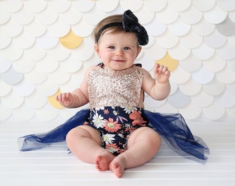 Romper - Tulle skirted, Skirted, Sequin Top Romper - Sequin Romper - Princess - Birthday Romper - Photoshoot - Navy and Rose Gold Romper