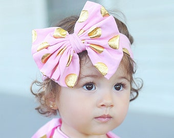 Pink and Gold Polka Dot Oversized Headband- bow headband, pink headband, headband, pink outfit, pink bow, gift for her, pink gift for her