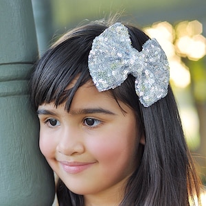 Silver Sequin Bow Clip- Sequin Bow Clip, Silver Sequins, Silver bow clip, dance bow, cheer bow, birthday bow clip, silver cheer bow, silver