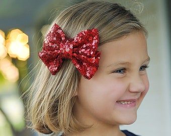 Red Sequin Bow Clip- Sequin Bow Clip, Red Sequins, red bow clip, red hair accessory, dance bow, cheer bow, christmas clip, birthday bow clip
