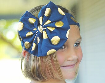 Navy and Gold Polka Dot Oversized Headband- bow headband, navy headband, headband, navy outfit, navy bow, gift for her, navy hair bow, blue