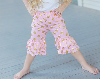 Ruffled Pink Pants - Girls Cropped Ruffled Bottom Pants - Pink Gold Polka Dot Pants