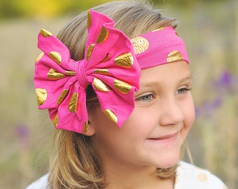 Hot Pink and Gold Polka Dot Oversized Headband- bow headband, hot pink headband, headband, hot pink outfit, hot pink bow, gift for her, pink