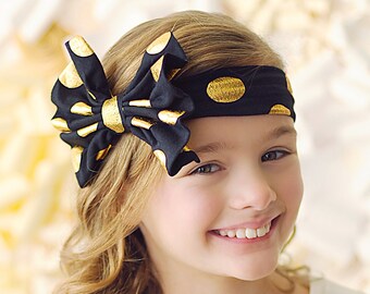 Black and Gold Polka Dot Oversized Headband- bow headband, black headband, headband, black outfit, black bow, gift for her, gold headband