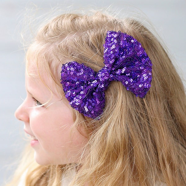 Purple Sequin Bow Clip- Sequin Bow Clip, Purple Sequins, Purple bow clip, Purple Bow Clip, Cheer bow clip, Dance Bow Clip, Birthday Bow Gift