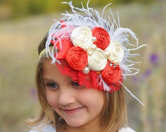 Red and White Large Feather Flower Headband- Flower Headband, Flower Crown, Red Flower Headpiece, Flower Headband, Boho Flower Crown, gift