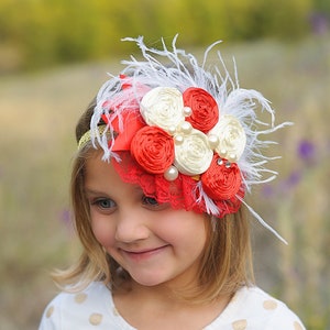 Red and White Large Feather Flower Headband- Flower Headband, Flower Crown, Red Flower Headpiece, Flower Headband, Boho Flower Crown, gift