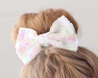 White Rainbow Bow Clip - Sequin Bow Clip -  White Flip Sequins - White Reversible Sequins