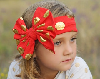Red and Gold Polka Dot Headband- bow headband, red headband, red hair accessory, headband, red outfit, red bow, gift for her, red hair bow