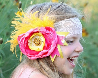 Yellow and Hot Pink Flower Headband- Flower Headband, Flower Crown, Flower Headpiece, Flower Girl, Boho Flower Crown, flower crown headband