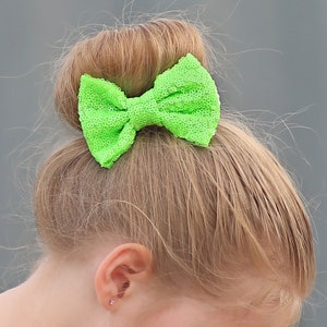 Neon Green Sequin Bow Clip- Sequin Bow Clip, Lime Sequins, lime green bow clip, neon green bow, dance bow, cheer bow, birthday bow clip
