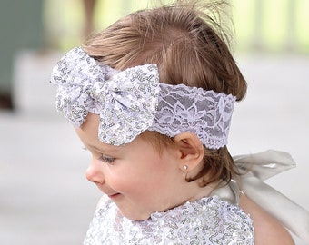 Silver Sequin Bow on Lace Headband - Silver Sequin Headband - Silver Bow