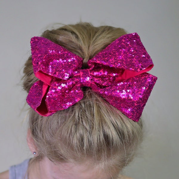 Large Sequin Hot Pink Bow Clip - Large Sequin Bow Clip -  Large Hot Pink Bow - Hot Pink Bow - Oversized Sequin Cheer Bow