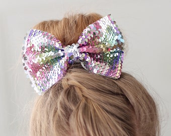 Pastel Rainbow Bow Clip - Sequin Bow Clip - Rainbow Flip Pailletten - Pastel Rainbow Omkeerbare Pailletten