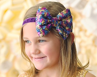 Rainbow Bow Sequin Headband- Sequin Bow Headband- Rainbow Sequin Bow, Sequin Headband, Birthday Headband, Rainbow Dance Headband, Gift