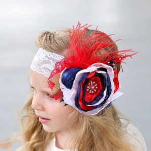 Red, White, Navy Large Flower Feather Headband- Floral Lace Headband, Flower Crown, Girls Gift, Headpiece, Boho Headband, Boho Flower Crown