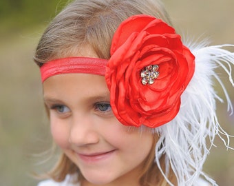 Red and White Large Feather Flower Headband- Flower Headband, Flower Crown, Red Flower Headpiece, Flower Headband, Boho Flower Crown, gift