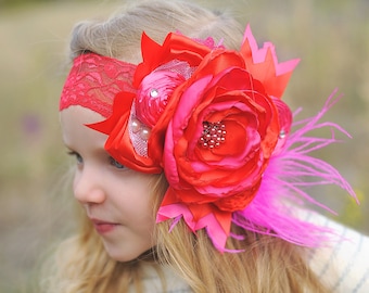 Red and Hot Pink Large Flower Headband- Flower Headband, Flower Crown, Red Flower Headpiece, Flower Headband, Boho Flower Crown, girls gift