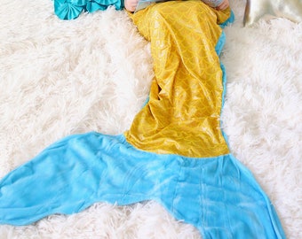 Gold and Aqua Mermaid Tail Blanket- Mermaid blanket, sleeping bag, Christmas gift, gift for her, sleeping, slumber party, mermaid tail, gold