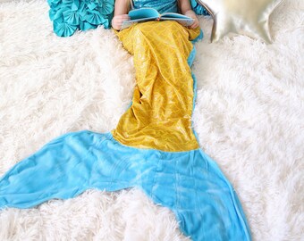 Yellow and Aqua Mermaid Tail Blanket- Mermaid blanket, sleeping bag, fish, tail, sleeping blanket, slumber party, mermaid tail, mermaid love