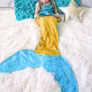 Yellow and Aqua Mermaid Tail Blanket- Mermaid blanket, sleeping bag, fish, tail, sleeping blanket, slumber party, mermaid tail, mermaid love