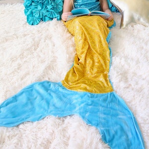 Gold and Aqua Mermaid Tail Blanket- Mermaid blanket, sleeping bag, Christmas gift, gift for her, sleeping, slumber party, mermaid tail, gold