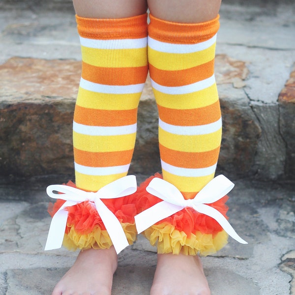 Halloween Candy Corn Ruffled Leg Warmers- candy corn, leg warmers, halloween leg warmers, halloween costume, halloween socks, cute halloween