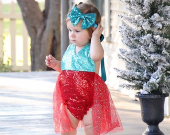 Romper - Tulle skirted, Skirted, Sequin Top Romper - Sequin Romper - Princess - Birthday Romper - Photoshoot - Red and Teal Romper