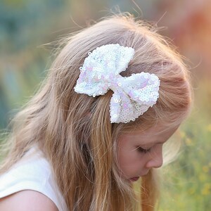 White Sequin Bow Clip- Sequin Bow Clip, White Sequins, White bow clip, dance bow, cheer bow, birthday bow clip, White cheer bow, white bow