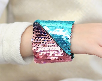 Magic Sequin Bracelet - Sequin Bracelet - Reversible Sequin Bracelet - Sequin Cuff- Aqua and Pink Bracelet