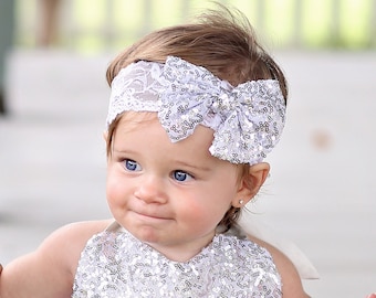 Silver Sequin Bow on Lace Headband - Silver Sequin Headband - Silver Bow