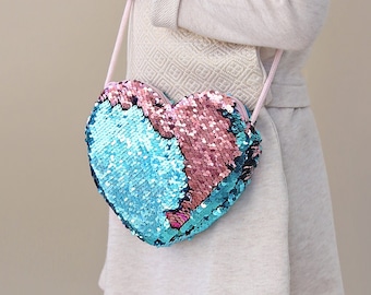 Heart Sequin Purse - Flip Sequin Heart Bag - Girls Heart Purse - Aqua and Pink Heart Bag