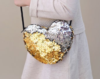 Heart Sequin Purse - Flip Sequin Heart Bag - Girls Heart Purse - SIlver and Gold Heart Bag