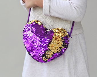 Heart Sequin Purse - Flip Sequin Heart Bag - Girls Heart Purse - Purple and Gold Heart Bag