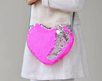 Heart Sequin Purse - Flip Sequin Heart Bag - Girls Heart Purse - Neon Pink and Silver Holographic Flip Heart Bag