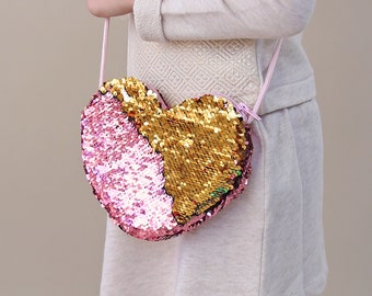 Heart Sequin Purse - Flip Sequin Heart Bag - Girls Heart Purse - Pink and Gold Heart Bag